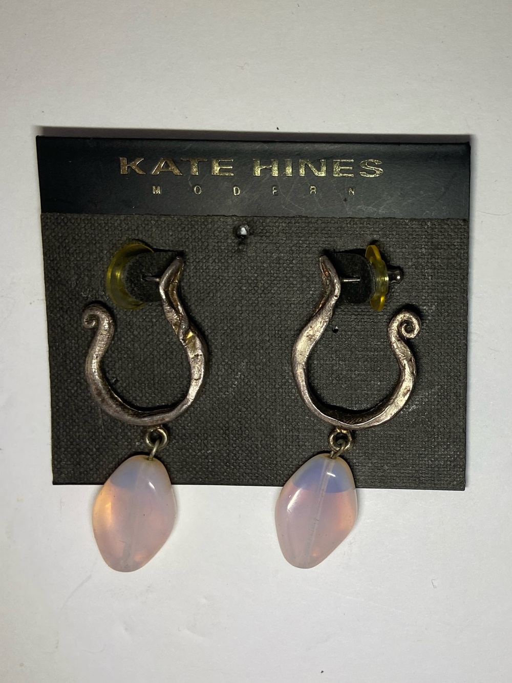 Kate Hines Silver Hoop Drop Earrings with Pink Opalescent Stones